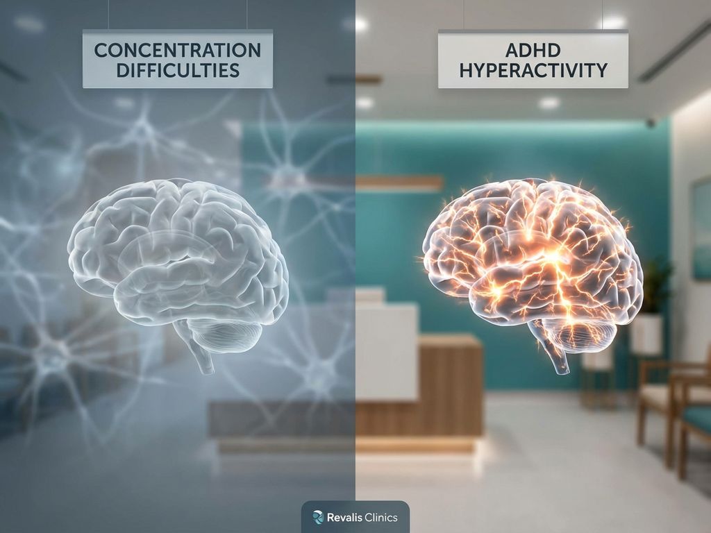 adhd-hersenen-concentratie-hyperactiviteit-visualisatie.jpg Hersenen vergelijking toont concentratieproblemen links en ADHD hyperactiviteit rechts in medische kliniek setting