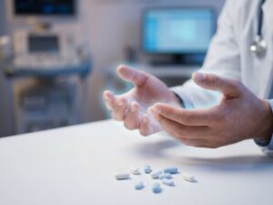 Handen met tintelende sensaties en lichteffecten naast verspreide antidepressiva pillen op medische witte achtergrond