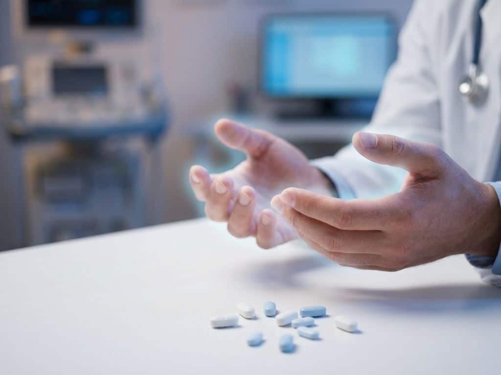 antidepressiva-bijwerkingen-tintelende-handen.jpg Handen met tintelende sensaties en lichteffecten naast verspreide antidepressiva pillen op medische witte achtergrond