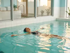 Patiënt drijft ontspannen op rug in therapeutisch zwembad met turquoise water en natuurlijk licht door ramen