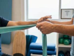 Handen die zachte bewegingstherapie oefeningen uitvoeren met therapeutische hulpmiddelen op de achtergrond