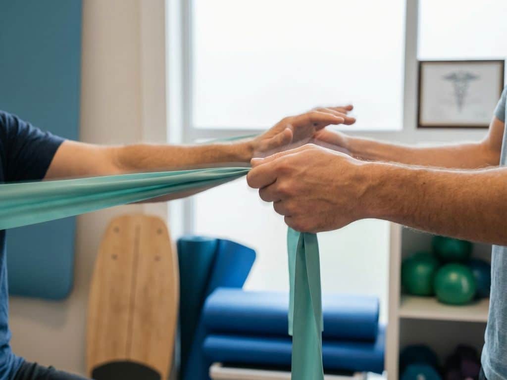 bewegingstherapie-handen-oefeningen-behandeling.jpg Handen die zachte bewegingstherapie oefeningen uitvoeren met therapeutische hulpmiddelen op de achtergrond