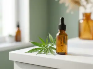 Amber glazen CBD-olie druppelflesje naast verse hennepbladeren op wit oppervlak, zacht natuurlijk licht.