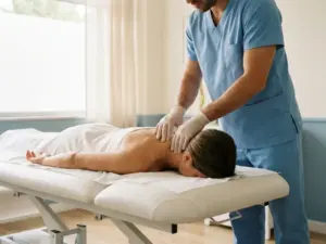Chiropractor onderzoekt voorzichtig de nek en wervelkolom van patiënt in moderne kliniek met natuurlijk licht