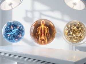 Drie doorschijnende bollen met neurale netwerken, menselijk zenuwstelsel en sociale verbindingen voor pijnbehandeling