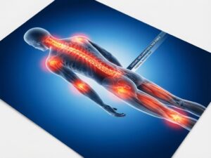 Medische illustratie van menselijk silhouet met rode pijnpunten in ruggengraat, gewrichten en spieren tegen blauwe achtergrond