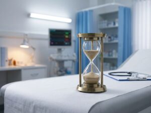 Zandloper op medische onderzoekstafel symboliseert overgang van acute naar chronische pijn in klinische omgeving