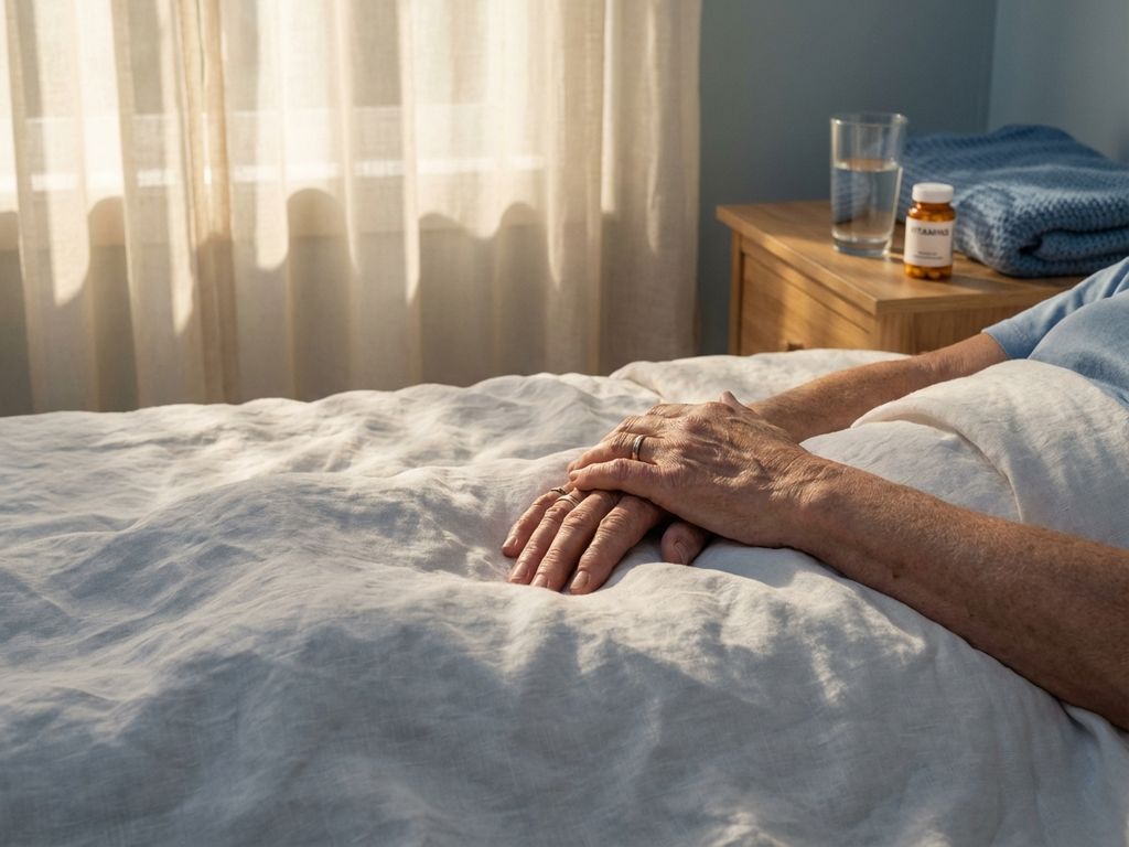 chronische-vermoeidheid-handen-rust-herstel.jpg Vermoeide handen rusten op wit beddengoed in warm ochtendlicht, met medicijnflesjes op nachtkastje op achtergrond
