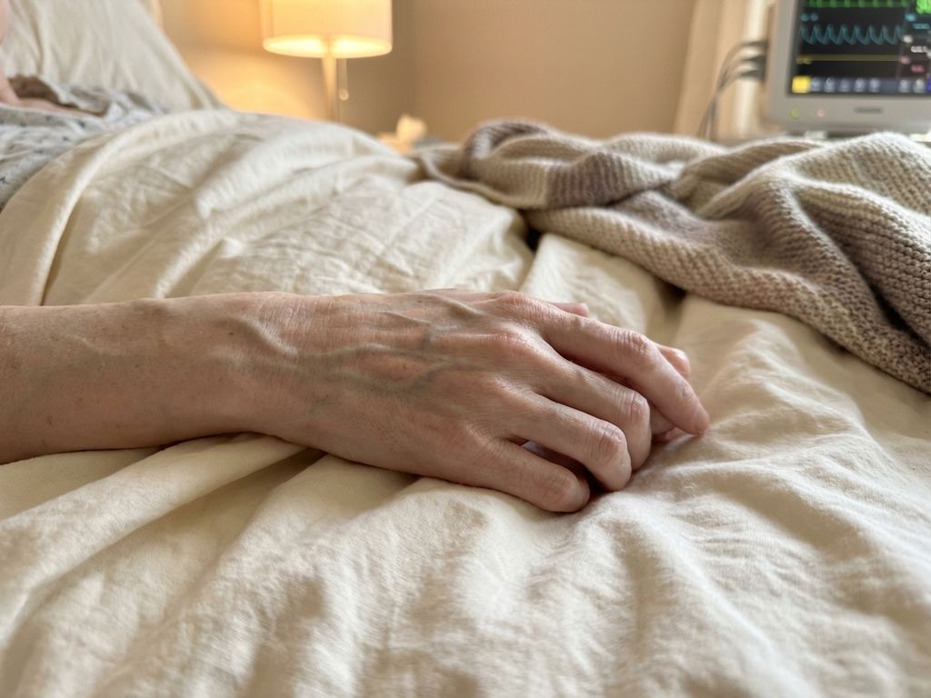 chronische-vermoeidheid-handen-rust-zorgverlening.jpg Uitgeputte handen rusten op wit beddengoed met zachte belichting, symboliserend chronische vermoeidheid en medische zorg