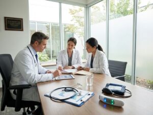 Medische specialisten in witte jassen overleggen in moderne behandelkamer met stethoscoop en gezondheidsdata op tablet