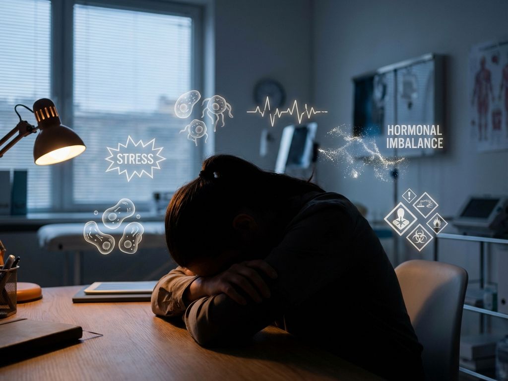 chronische-vermoeidheid-oorzaken-stress-uitputting.jpg Uitgeputte persoon gebogen over bureau omringd door zwevende iconen van chronische vermoeidheid triggers