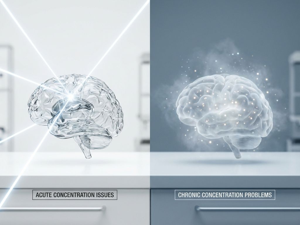 concentratie-problemen-hersenen-acute-chronisch.jpg Hersenen visualisatie vergelijking: scherp glasmodel met felle lichtstralen versus doorschijnend brein met verspreide deeltjes