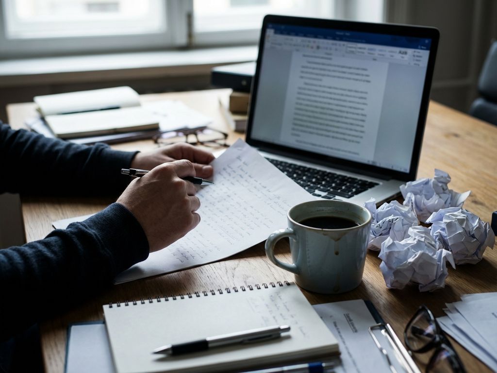 werkplek-concentratie-problemen-kantoor-afleiding.jpg Handen met pen boven half voltooid document op rommelig bureau met laptop en koffie, werkplek concentratieproblemen