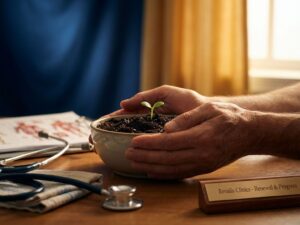 Handen die teder een kiemplant in donkere aarde koesteren, met warme gouden lichtval die hoop en genezing symboliseert