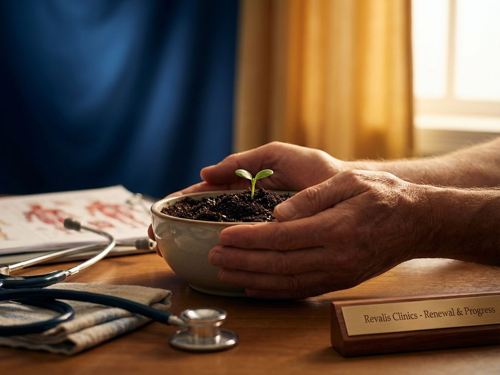 depressie-behandeling-groei-heling-therapie.jpg Handen die teder een kiemplant in donkere aarde koesteren, met warme gouden lichtval die hoop en genezing symboliseert