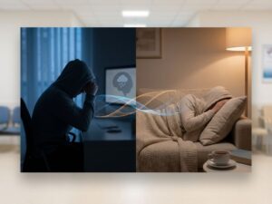 Persoon met depressie en chronische vermoeidheid in gesplitst beeld, verbonden door lichtstralen in blauwe en amber tinten