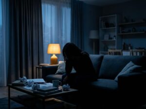 Eenzame persoon zit op moderne bank in donkere woonkamer met ongebruikte koffiekop en gesloten gordijnen