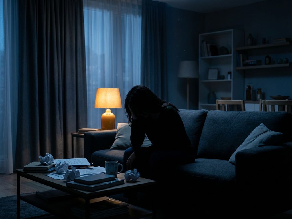 depressie-eenzaamheid-donkere-woonkamer-silhouet.jpg Eenzame persoon zit op moderne bank in donkere woonkamer met ongebruikte koffiekop en gesloten gordijnen