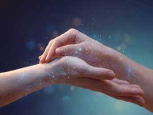 Mensenhanden met visualisatie van tintelende sensaties als lichtdeeltjes, neuraalpatronen zichtbaar onder de huid