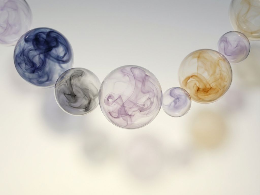 emotionele-toestanden-glazen-bollen-therapie.jpg Glazen bollen met gekleurde mist drijvend in zachte medische verlichting, voorstellend emotionele toestanden