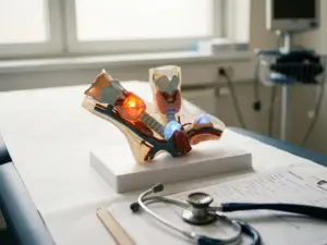 Anatomisch model van het menselijk endocriene systeem met gemarkeerde hormoonklieren op medische onderzoekstafel