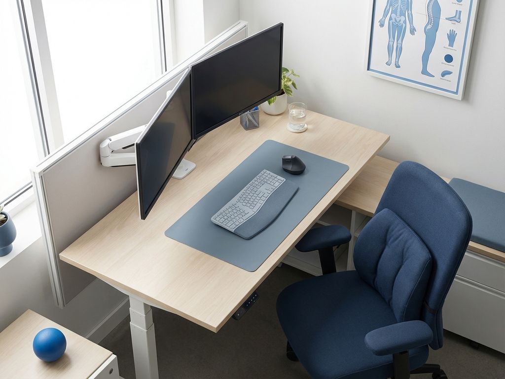 ergonomische-werkplek-kantoor-pijnverlichting-setup.jpg Ergonomische werkplek van bovenaf met verstelbare bureaustoel, monitor en toetsenbord in moderne kantooromgeving