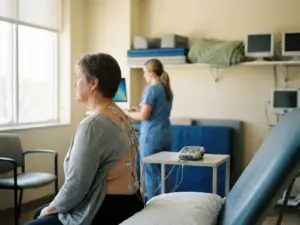 Patiënt met elektroden langs de wervelkolom tijdens functionele neuromusculaire stimulatietherapie in revalidatiekliniek.