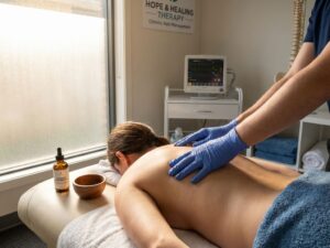 Fysiotherapeut voert rugbehandeling uit op patiënt in moderne kliniek met natuurlijk licht en medische apparatuur