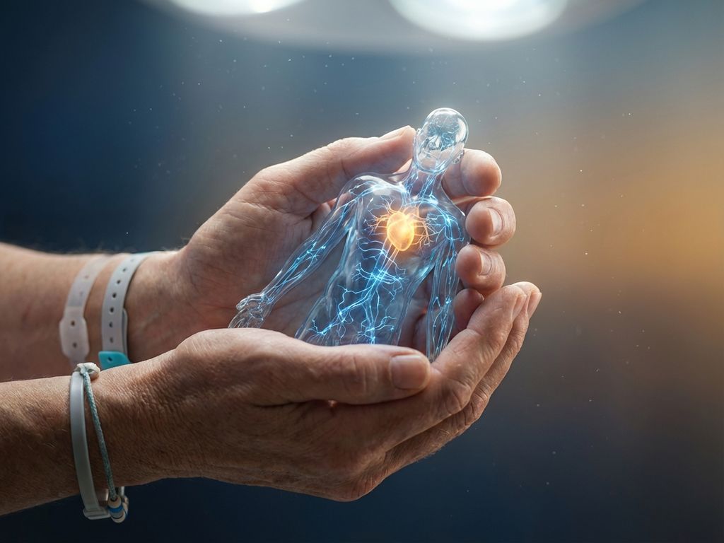 mind-body-connection-healing-hands-neural-pathways.jpg Handen die een gloeiende menselijke silhouet met blauwe neurale paden vasthouden, symboliseert geest-lichaam verbinding