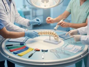 Gezondheidswerkers werken samen rond ruggengraatmodel met medische instrumenten en therapie-uitrusting op klinische tafel