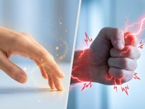 Twee handen tonen medische sensaties: tintelende vingertoppen met gouden lichtdeeltjes en vuist met rode pijnstralen