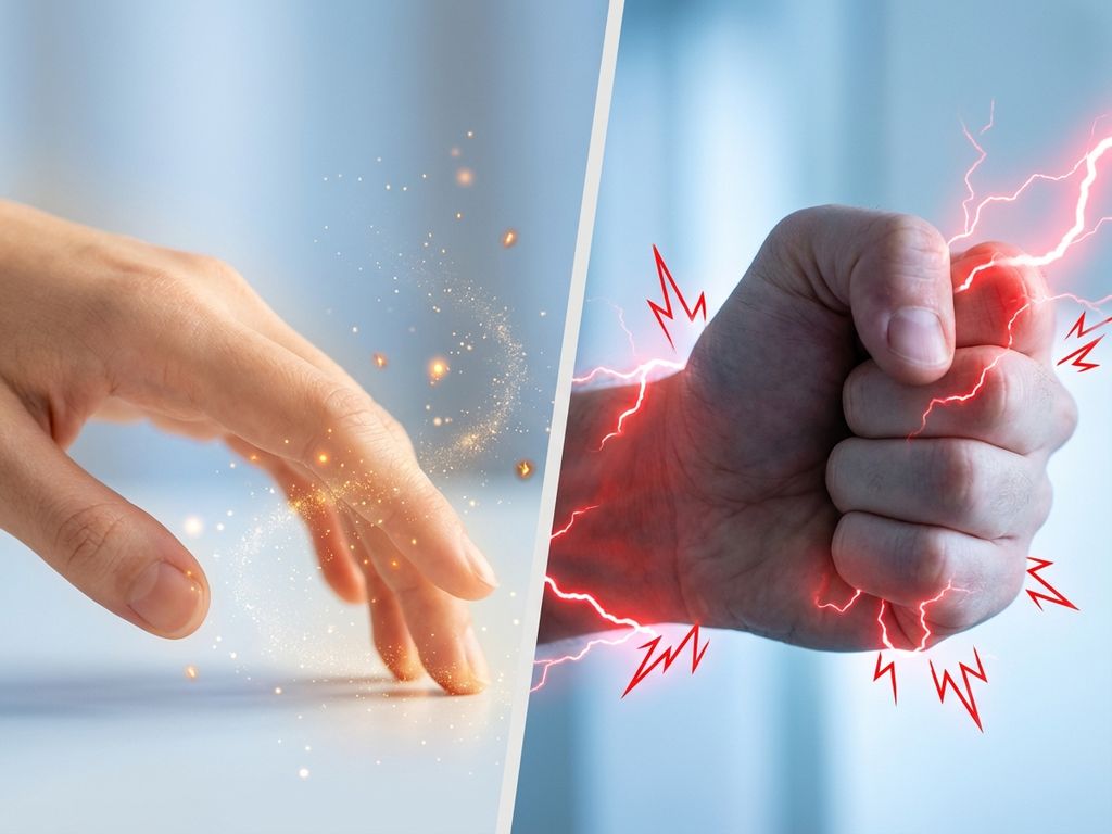 hand-tintelingen-pijn-verschil-medisch.jpg Twee handen tonen medische sensaties: tintelende vingertoppen met gouden lichtdeeltjes en vuist met rode pijnstralen