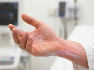 Hand met tintelende vingertips en blauwe elektrische effecten op witte medische achtergrond