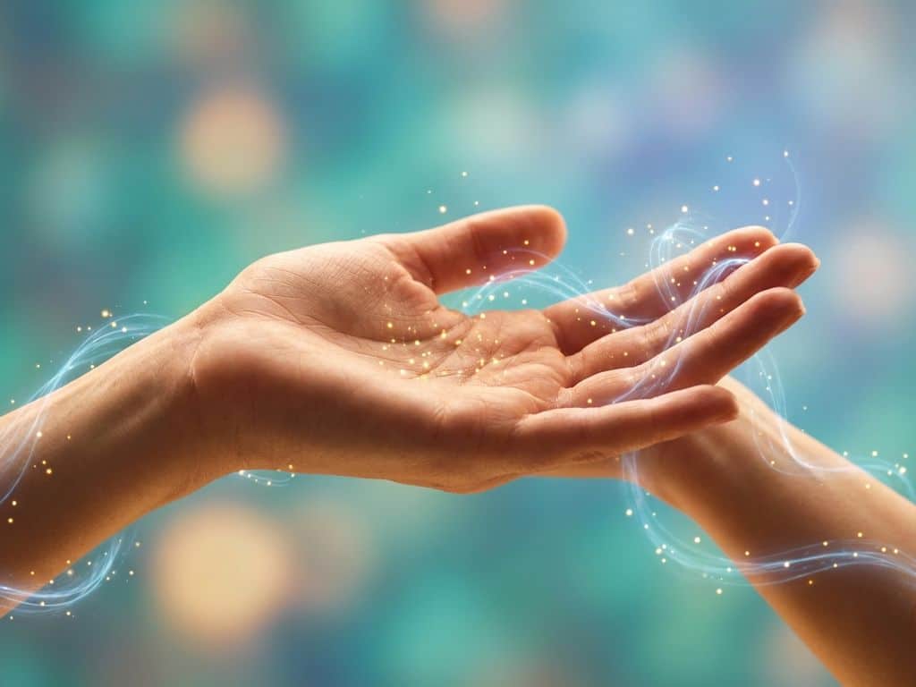 stress-tintelingen-hand-zenuwbanen-symptomen.jpg Hand met gouden lichtdeeltjes aan vingertoppen tegen blauwe achtergrond, neurologische verbindingen zichtbaar