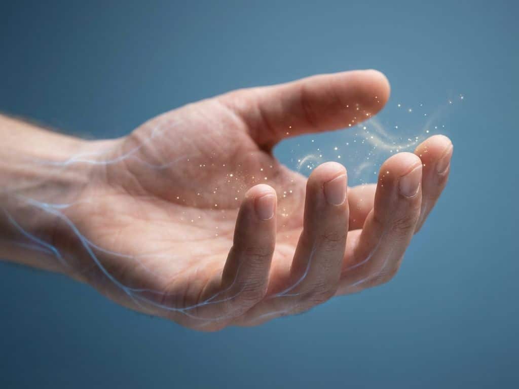 hand-tintelingen-zenuwpijn-symptomen-visualisatie.jpg Menselijke hand met glinsterende lichtdeeltjes die tintelingen visualiseren tegen medische blauwe achtergrond