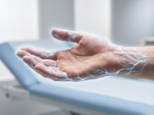 Hand met blauwe lichtpatronen die tintelingen visualiseren tegen witte medische achtergrond voor gevoelloosheid