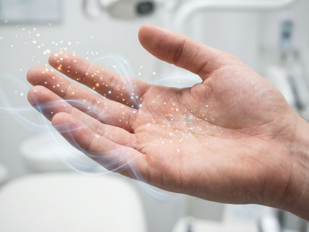 hand-tintelingen-zenuwpijn-symptomen-medisch.jpg Hand met blauwe lichtdeeltjes rond vingertoppen die zenuwsensaties visualiseren tegen witte medische achtergrond