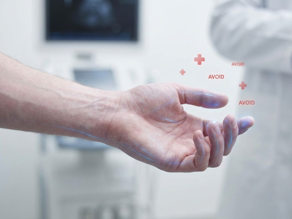 zenuwpijn-hand-tintelingen-symptomen-behandeling.jpg Hand met zichtbare zenuwbanen als blauwe lijnen onder de huid, rode waarschuwingssymbolen, medische achtergrond