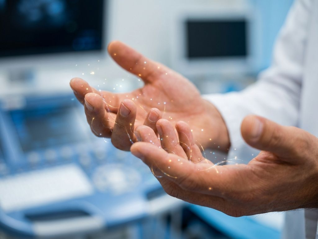 tintelingen-handen-zenuwactiviteit-genezing-behandeling.jpg Handen met tintelende lichtdeeltjes op huid tegen medische achtergrond, visualisatie van zenuwactiviteit en genezing