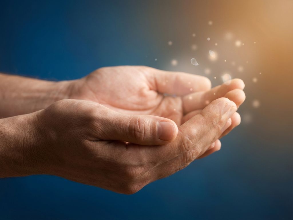 hand-tintelingen-tremor-hulp-zorgverlening.jpg Twee handen met lichte trillingen en lichtdeeltjes bij vingertoppen, zorgvuldige medische sfeer met blauwe achtergrond