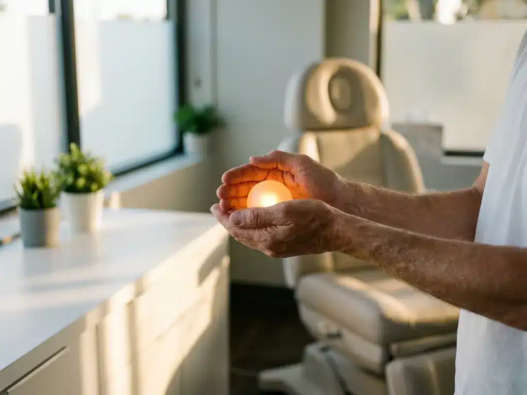 healing-hands-licht-therapie-kliniek.jpg Handen beschermen zacht gloeiend licht in serene klinische ruimte met natuurlijk zonlicht en behandelstoel