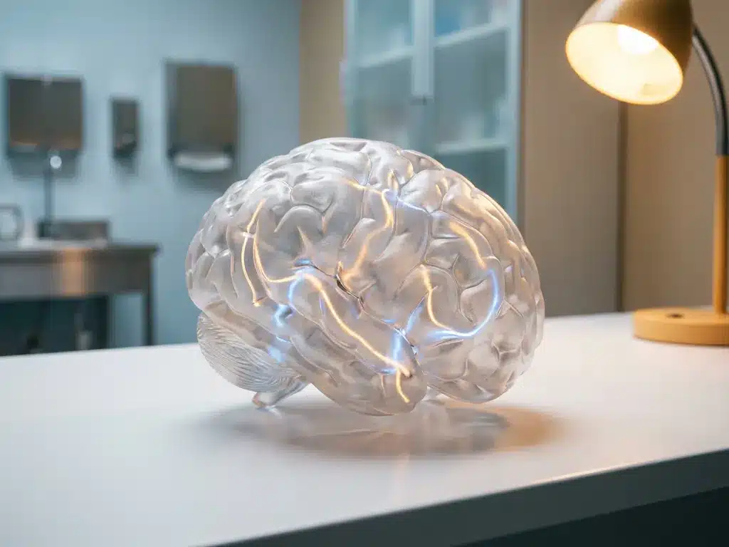 hersenen-anatomisch-model-neuraal-transparant.jpg Transparant anatomisch hersenmodel op wit oppervlak met zichtbare neurale paden, verlicht door warm amber licht.