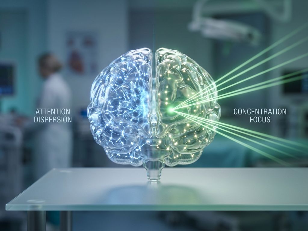 split-brain-aandacht-concentratie-visualisatie.jpg Hersenhelften met gloeiende neurale verbindingen, links chaotische paden, rechts gefocuste lichtstralen in medische omgeving
