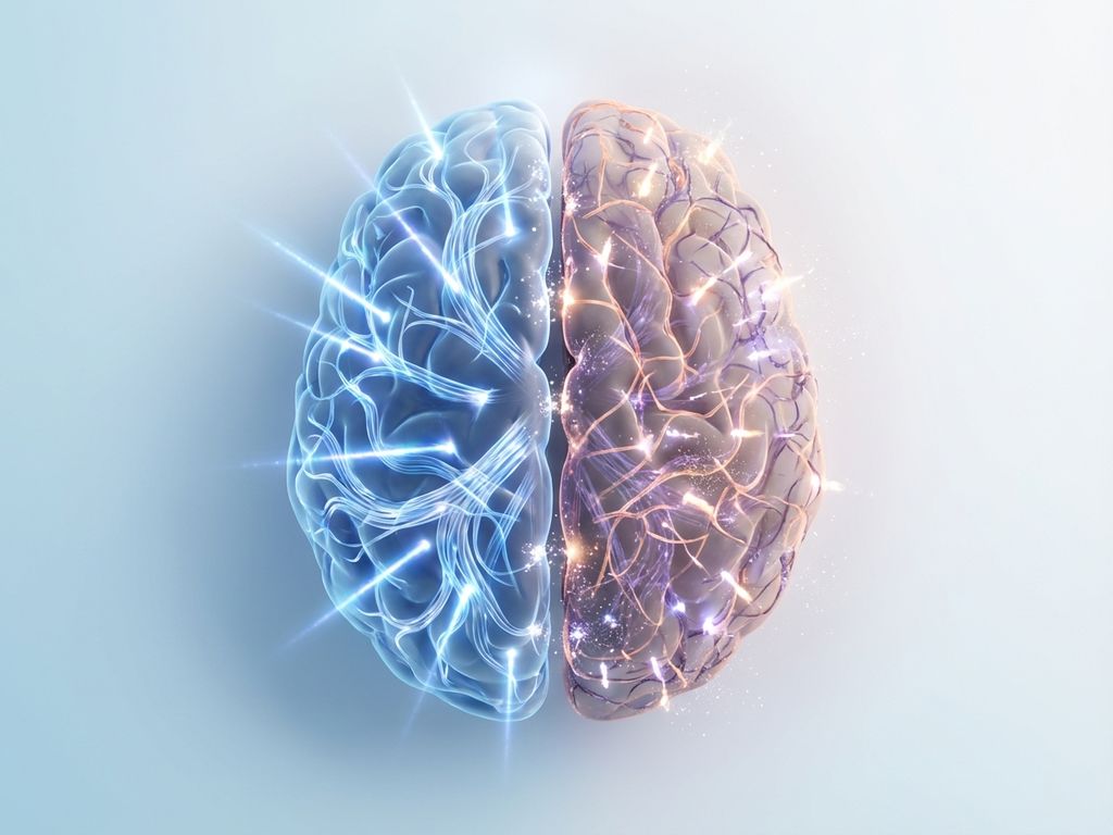 brain-concentratie-focus-verwarring-visualisatie.jpg Hersenen met linkerkant die heldere neurale paden toont en rechterkant met verspreide netwerken op medische achtergrond