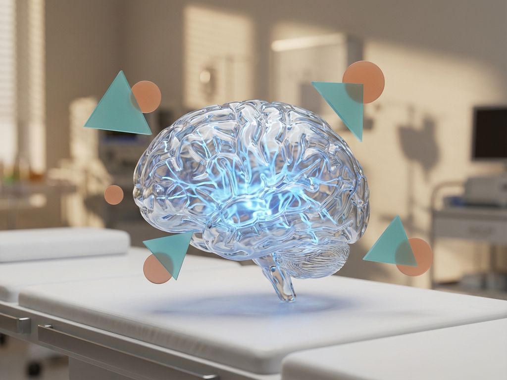 hersenen-neurale-netwerk-focus-concentratie.jpg Glazen hersenen met gloeiende blauwe neurale paden op witte medische ondergrond, omringd door geometrische vormen