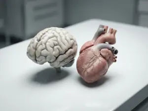 Anatomisch model van een menselijk brein en hart naast elkaar op wit oppervlak, symbool voor de verbinding tussen geest en lichaam.