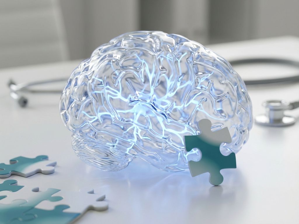 hersenen-model-glas-mentale-helderheid-medisch.jpg Glazen hersenmodel met blauwe neurale paden op medisch bureau, puzzelstukjes en stethoscoop symboliseren mentale helderheid