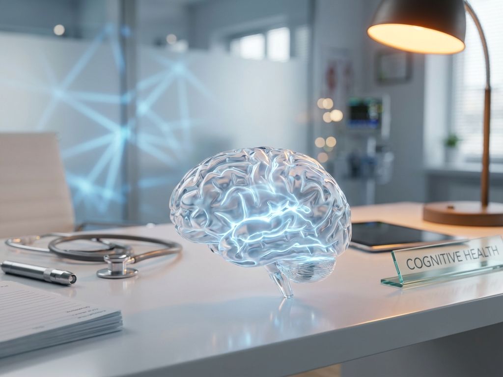 hersengezondheid-cognitieve-functie-medisch.jpg Glazen hersenmodel met blauwe neurale verbindingen op medisch bureau met stethoscoop in klinische omgeving