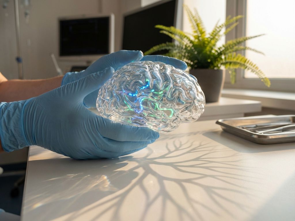 hersenen-concentratie-neuraal-netwerk-glas-model.jpg Handen houden transparant glazen hersenmodel vast met gouden licht en blauwe neurale paden op medisch oppervlak