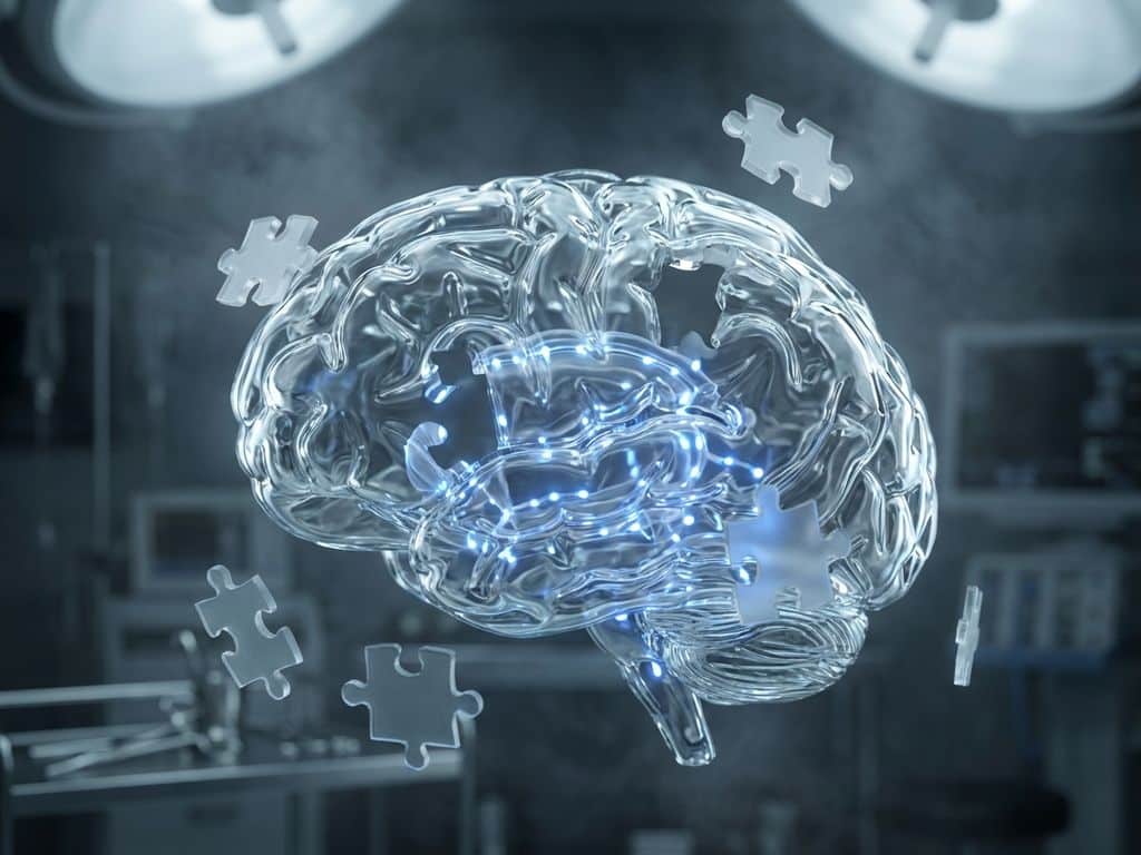 hersenen-geheugen-verlies-puzzel-medisch.jpg Glazen hersenmodel met gloeiende blauwe neurale paden en zwevende puzzelstukjes die geheugenverlies symboliseren